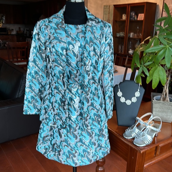 RARE Vintage 1960’s Mod Size 4 Dress & Jacket Silver Blue Lame Brocade - Picture 14 of 15